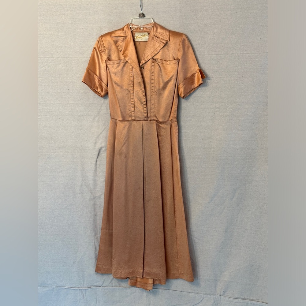 Vintage 50's Kay Collier Embossed Copper Fabric Shirtwaist Dress
